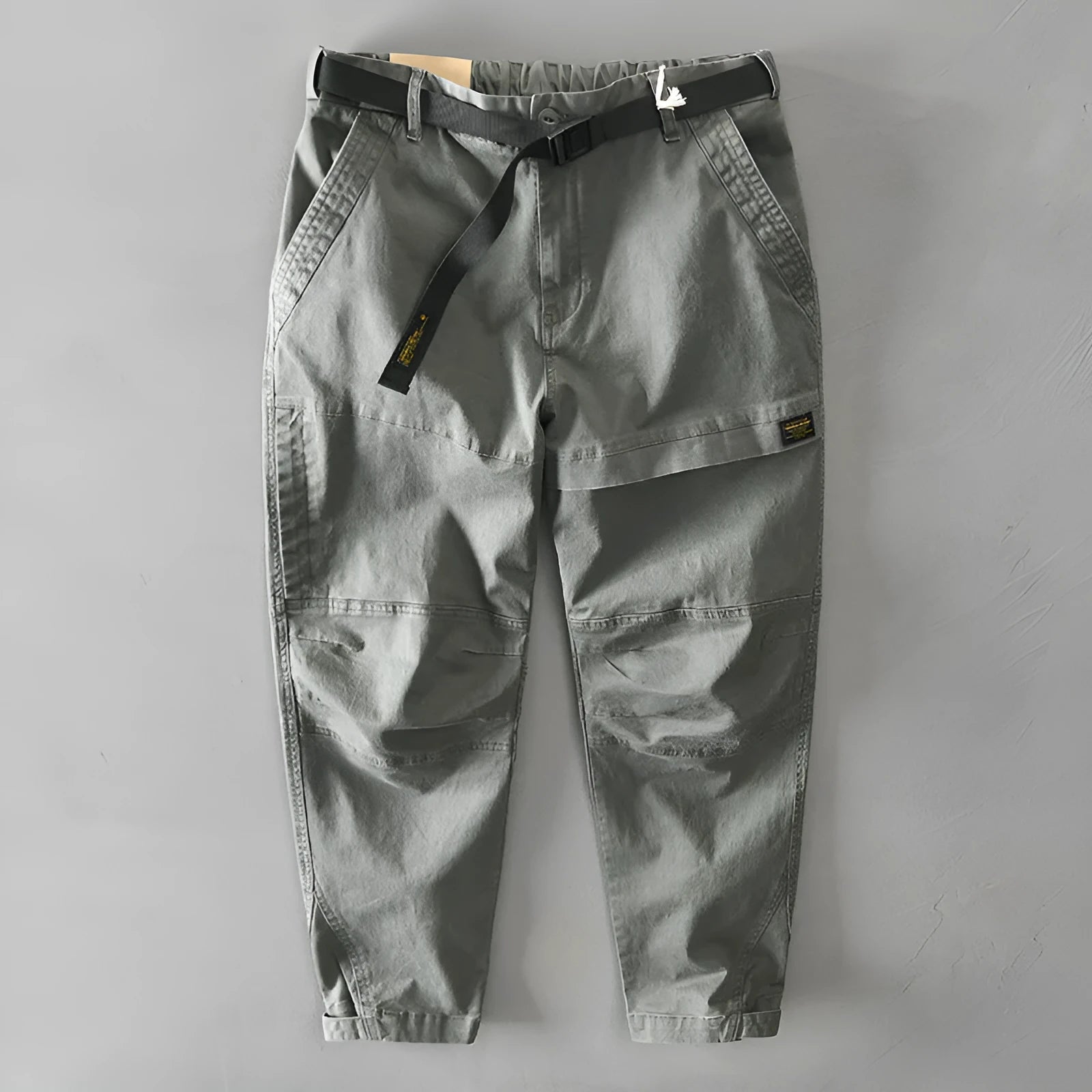 Men's casual Japanese overalls in cotton with elastic fabric, shown in khaki, black, light grey, and army green colours