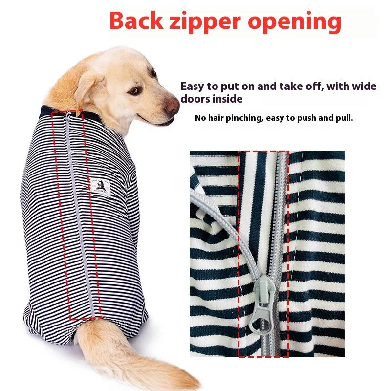 Four-legged striped dog shirt on Golden Retriever showing thin polyester construction and full-body coverage