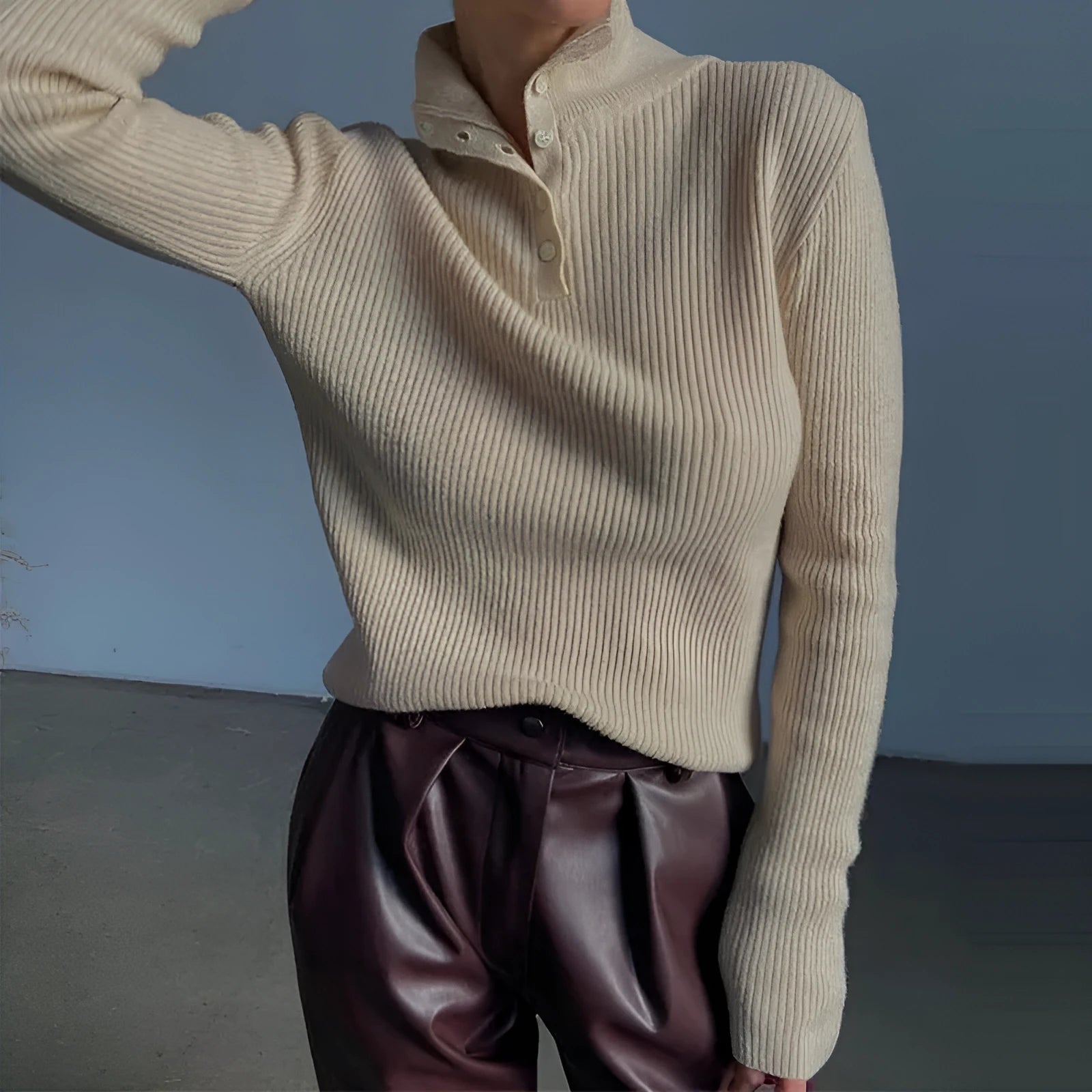 Retro style slim fit half turtleneck pullover sweater with a single-breasted placket.