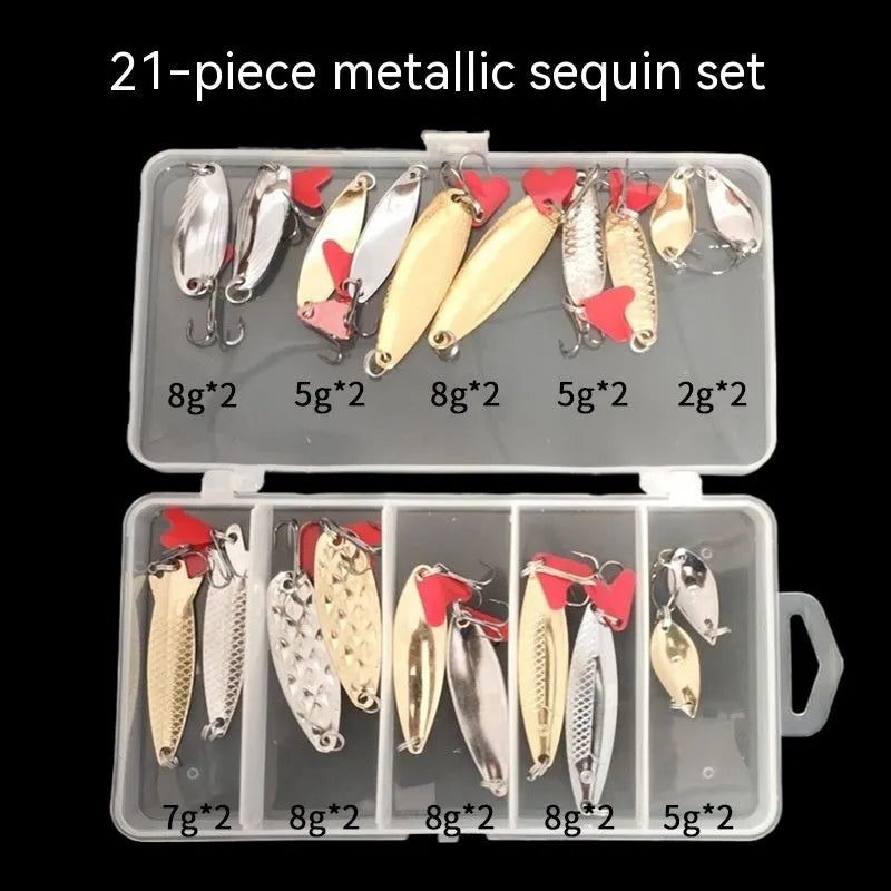 Three sets of metal sequin false baits in box iron packaging for lure fishing