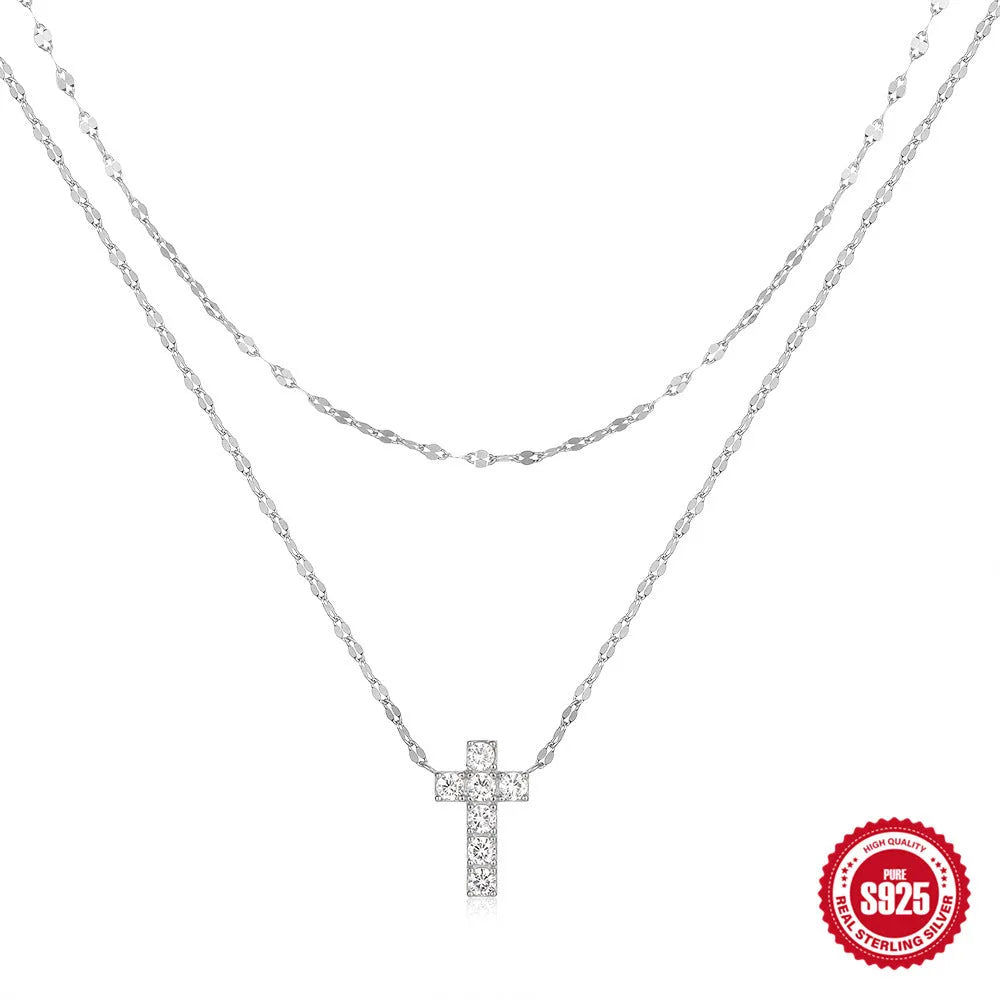 S925 sterling silver double layer twin diamond cross pendant necklace with geometric design on clavicle chain