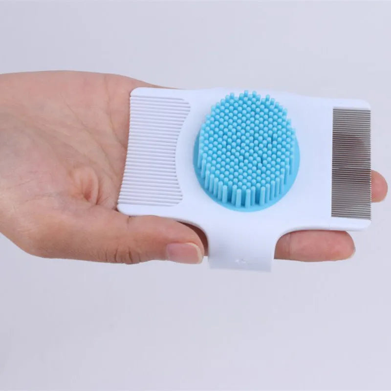 Blue or green multifunctional pet grooming comb for hair removal and massage, 8.5 cm long.