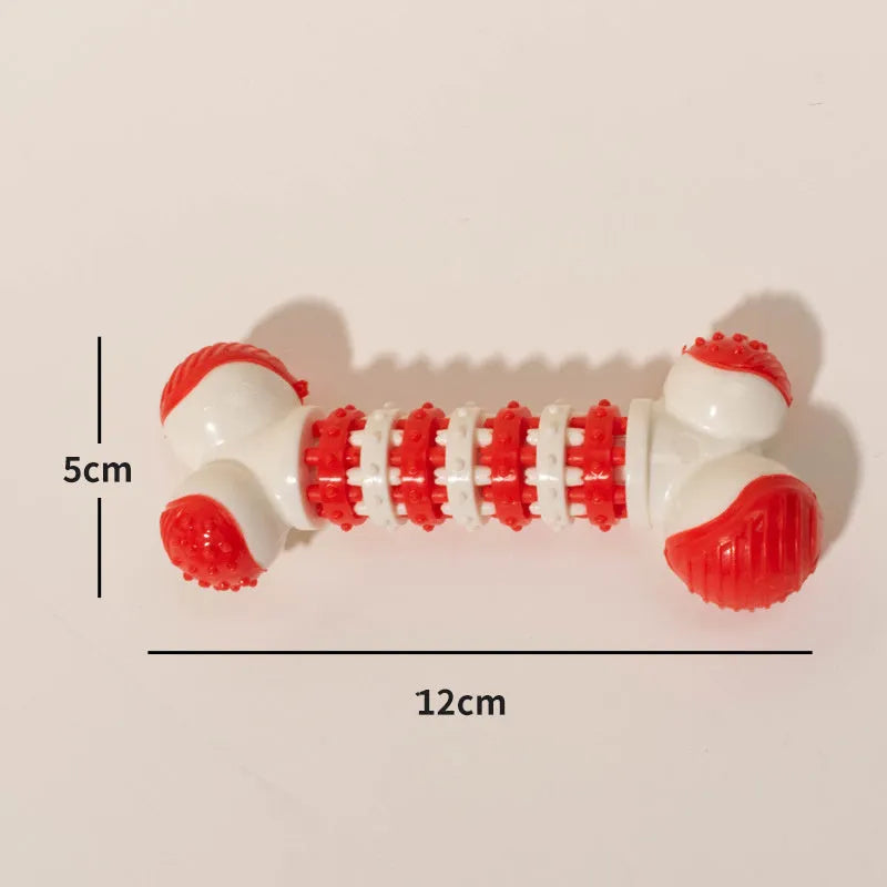 Blue bone-shaped interactive dog chew toy with a treat holder in the centre, for small breeds.