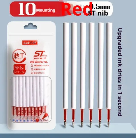 Pack of 10 quick-drying ballpoint pen refills in black, red, blue, and ink blue colours.