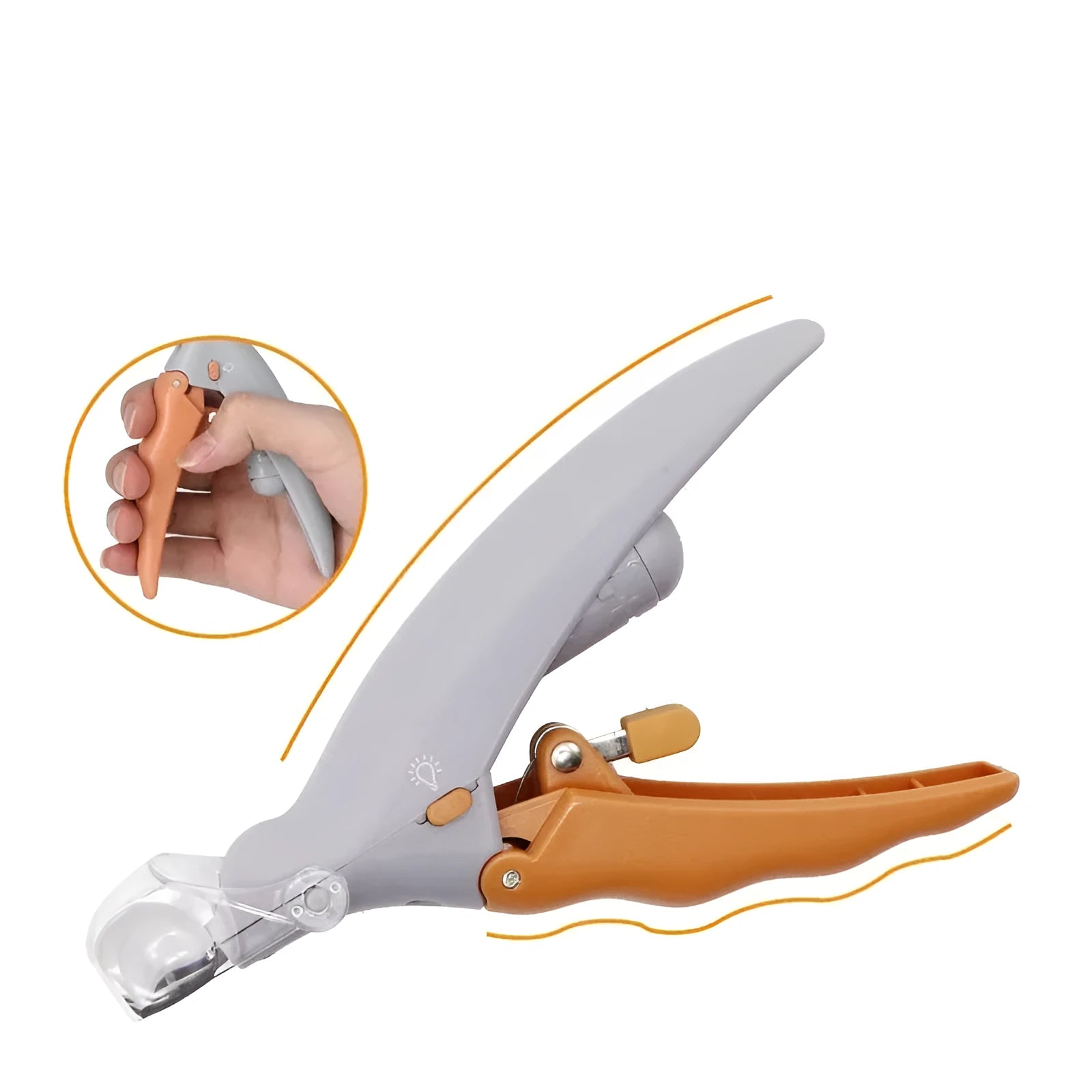 Yellow pet nail clipper with built-in LED light and magnifying window for trimming dog or cat nails.