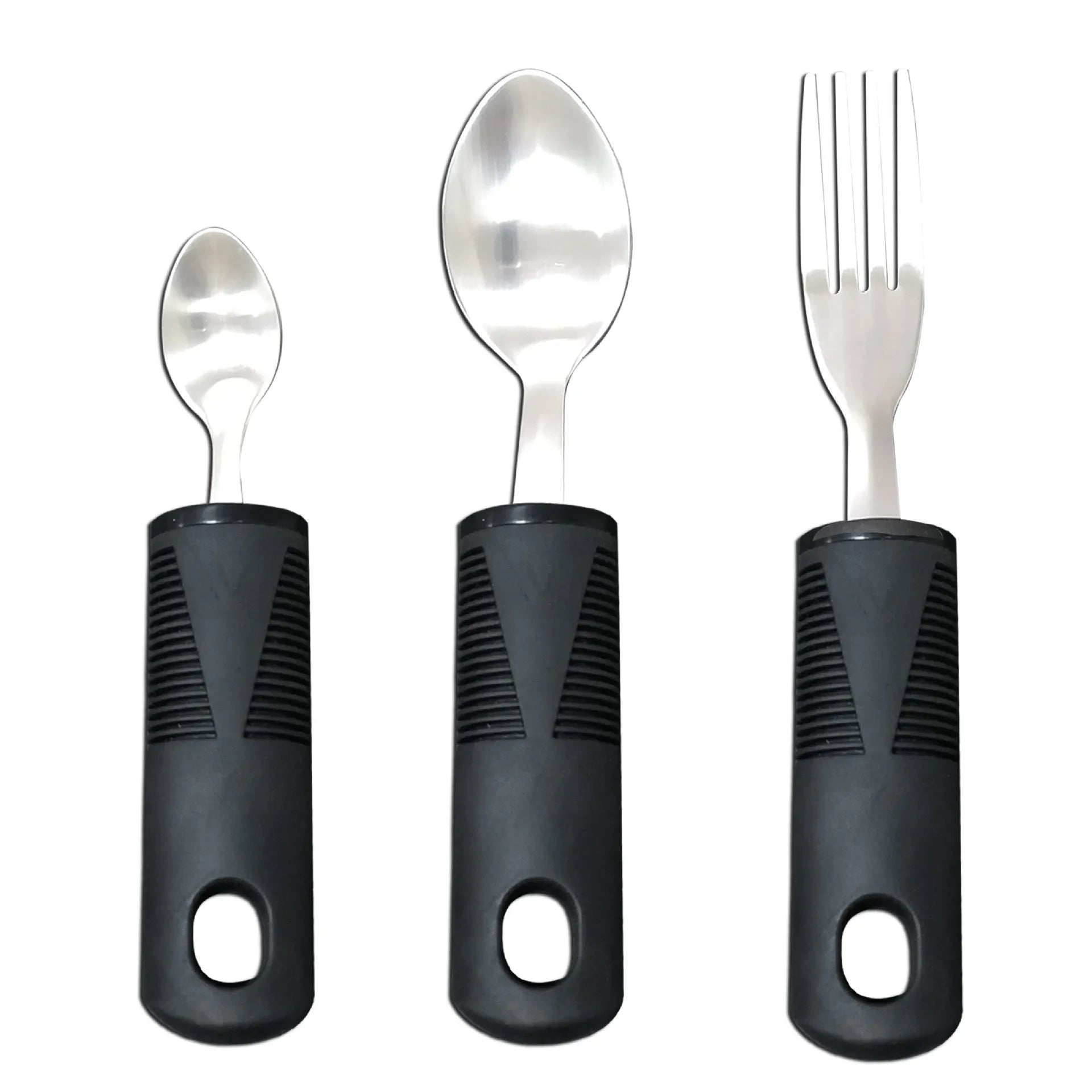 Anti-shake adaptive tableware set with stainless steel utensils and rubber handle grips
