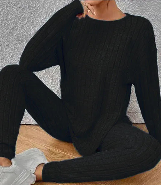 Sunken stripe pattern two-piece homewear set with trousers and matching top in Polyester fabric
