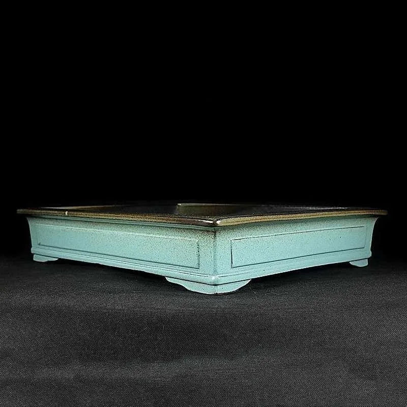 Green handmade ceramic bonsai pot with purple sand crackled glaze finish