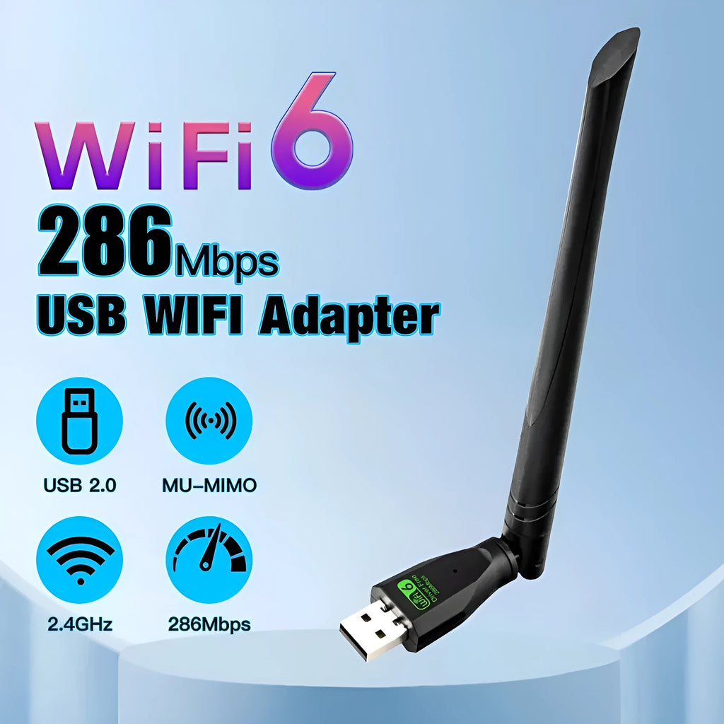Black USB WiFi6 wireless network card with driver software included for desktop and laptop connectivity