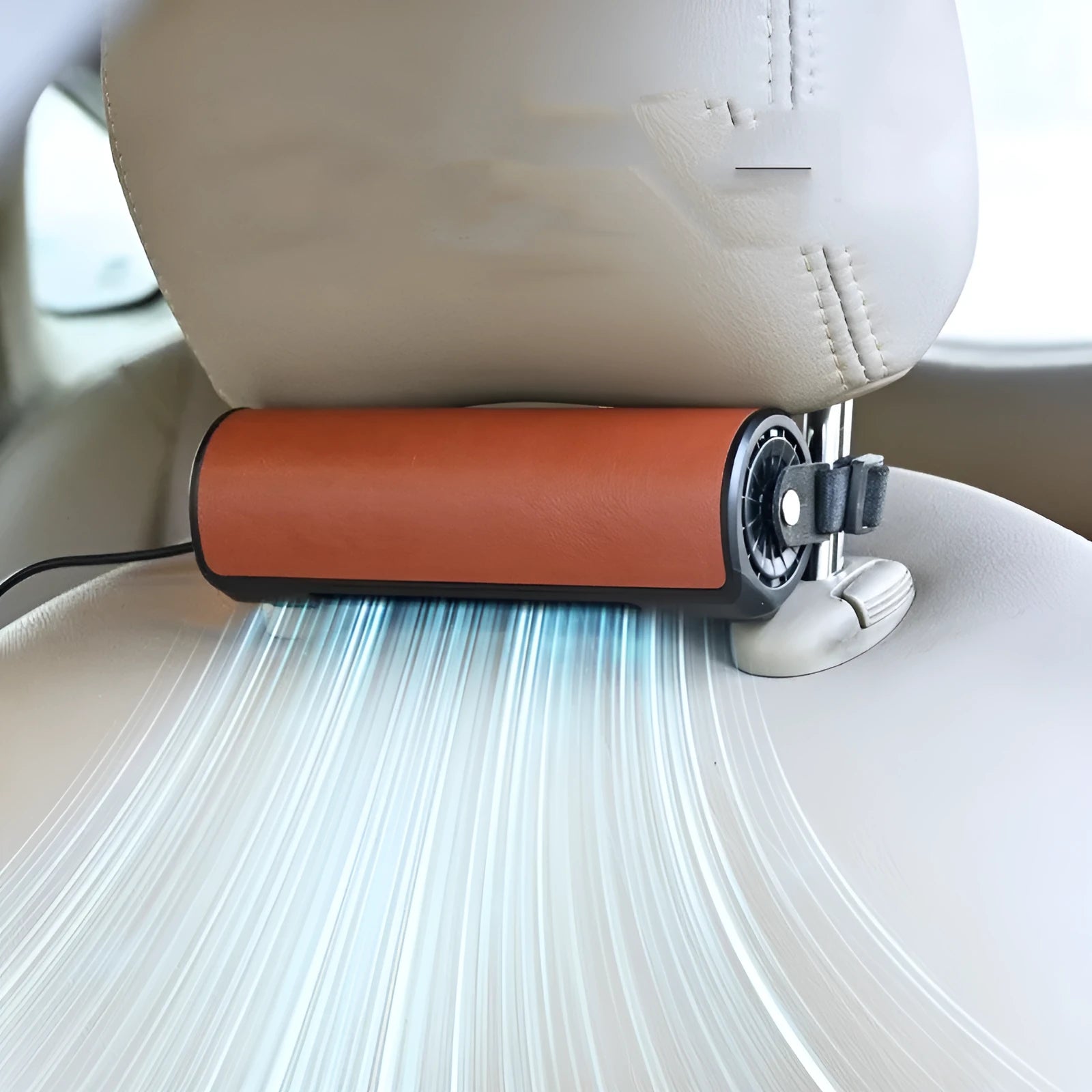 Car mounted bladeless fan with USB power cord in black, brown and red colour options showing compact dimensions
