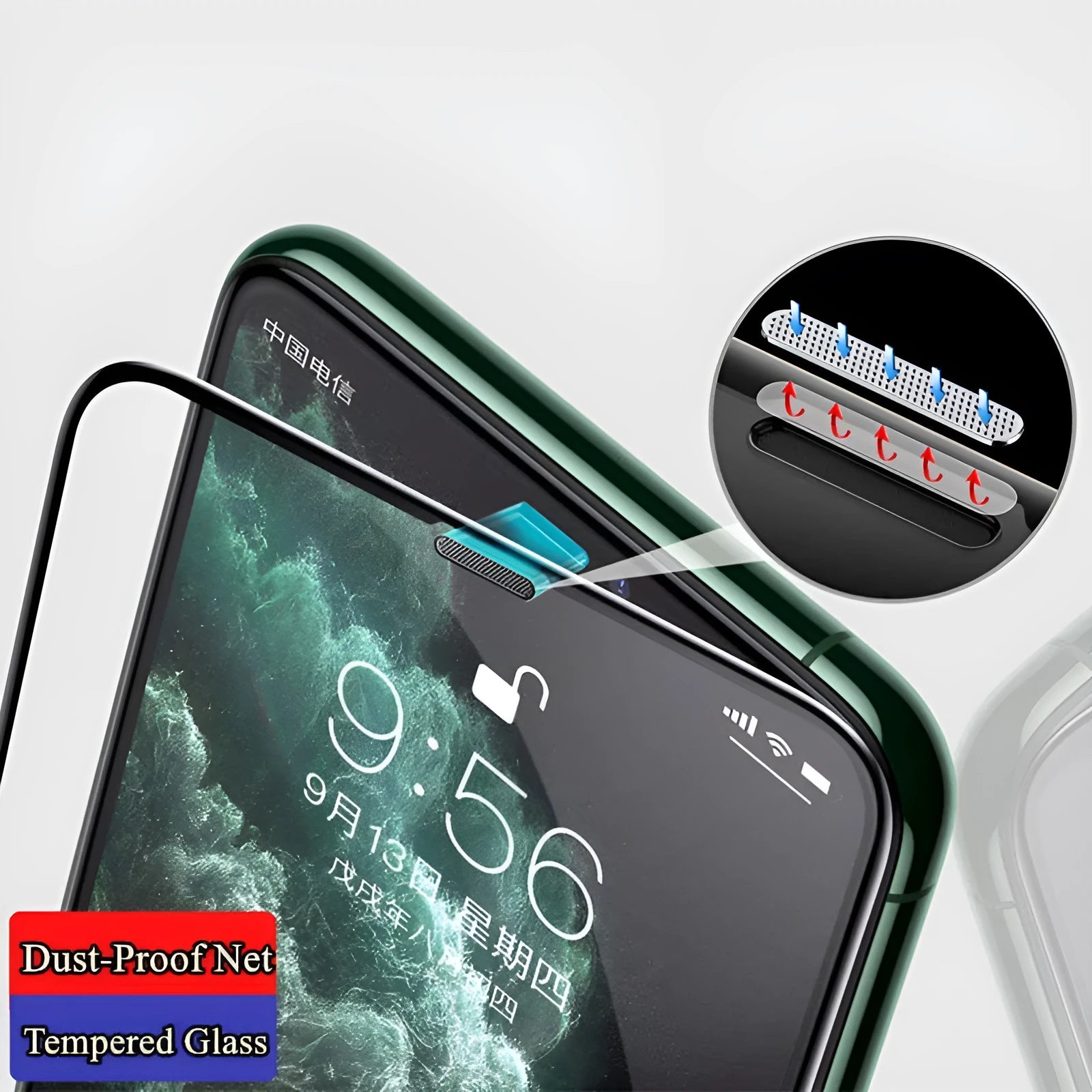iPhone privacy tempered glass screen protector with anti-peep film on a mobile phone.