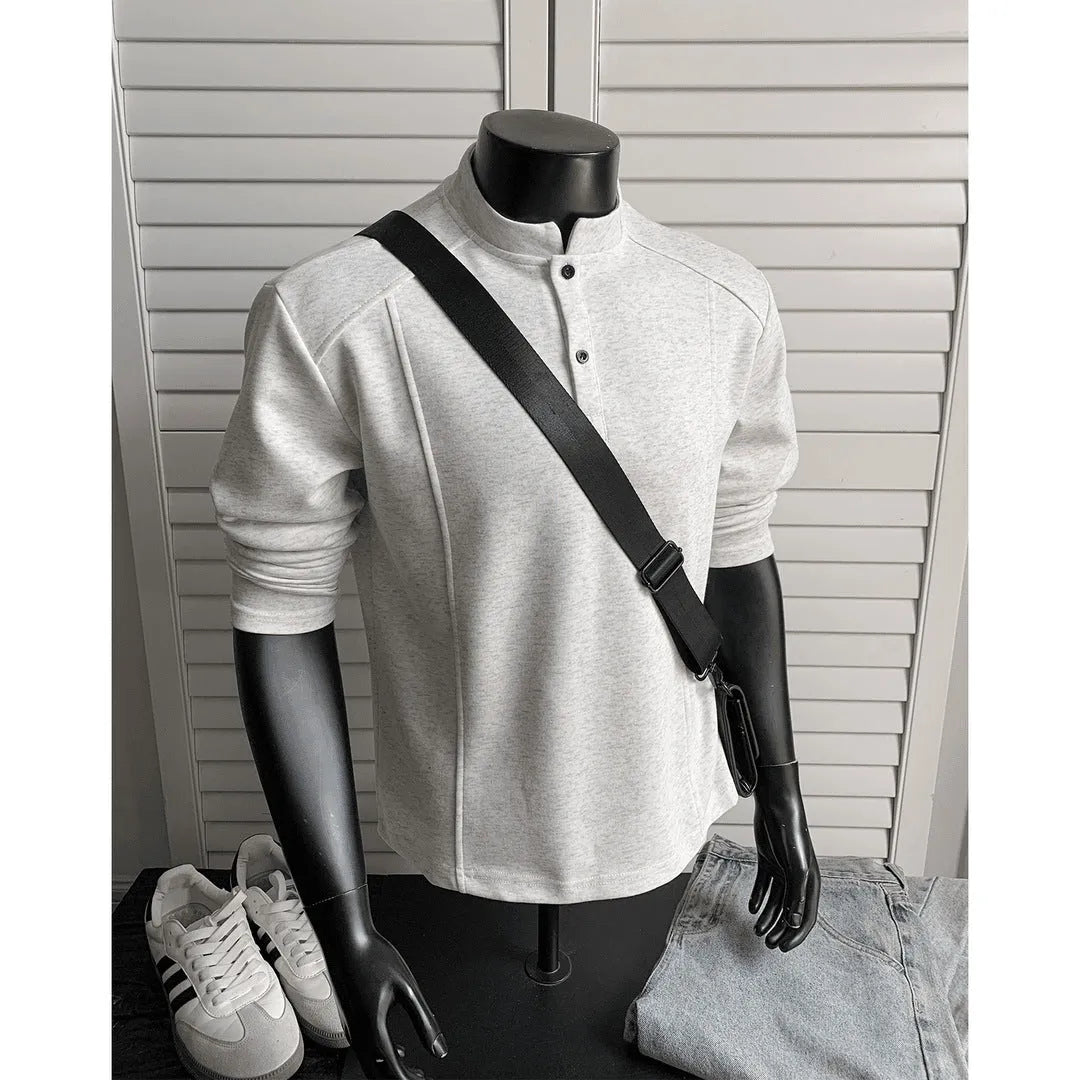 Men's asymmetric patchwork long sleeve polo shirt with a stand-up collar in heather grey.