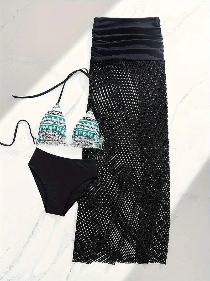 Women's brown gradient fishnet long skirt and bikini three-piece swimsuit set.