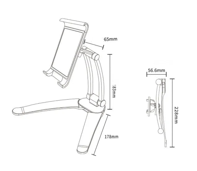 Silver aluminum alloy desktop stand holding a tablet, showing 360-degree adjustable arm and clamping mechanism.