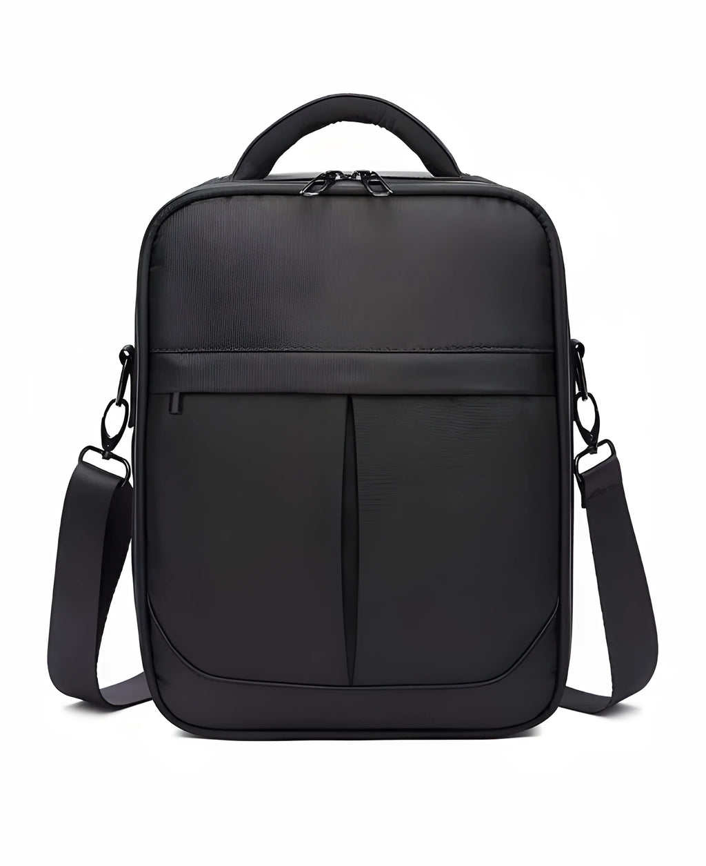 Black Oxford fabric men's messenger shoulder bag showing dimensions 24cm by 11cm by 31cm