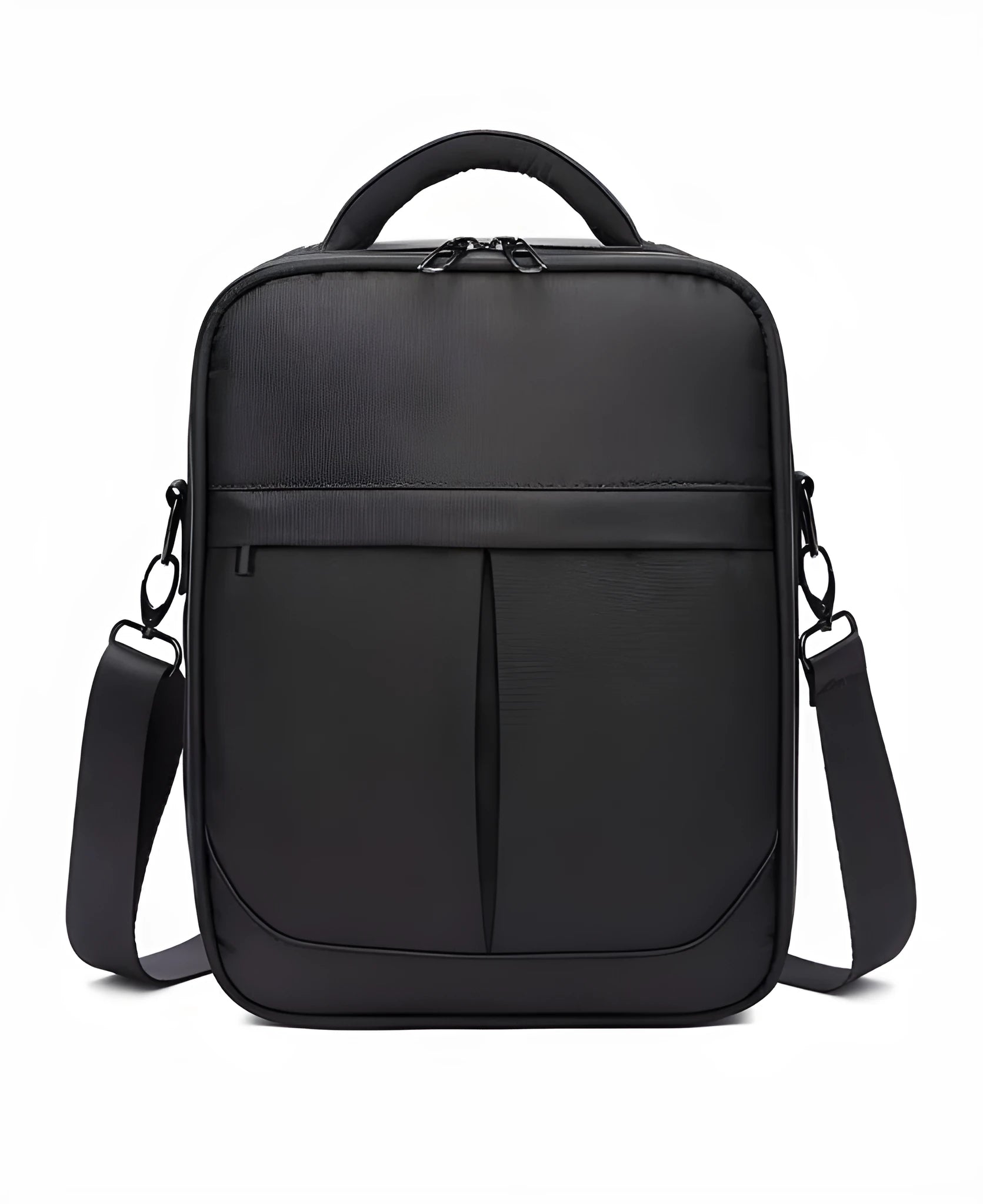 Black Oxford fabric men's messenger shoulder bag showing dimensions 24cm by 11cm by 31cm