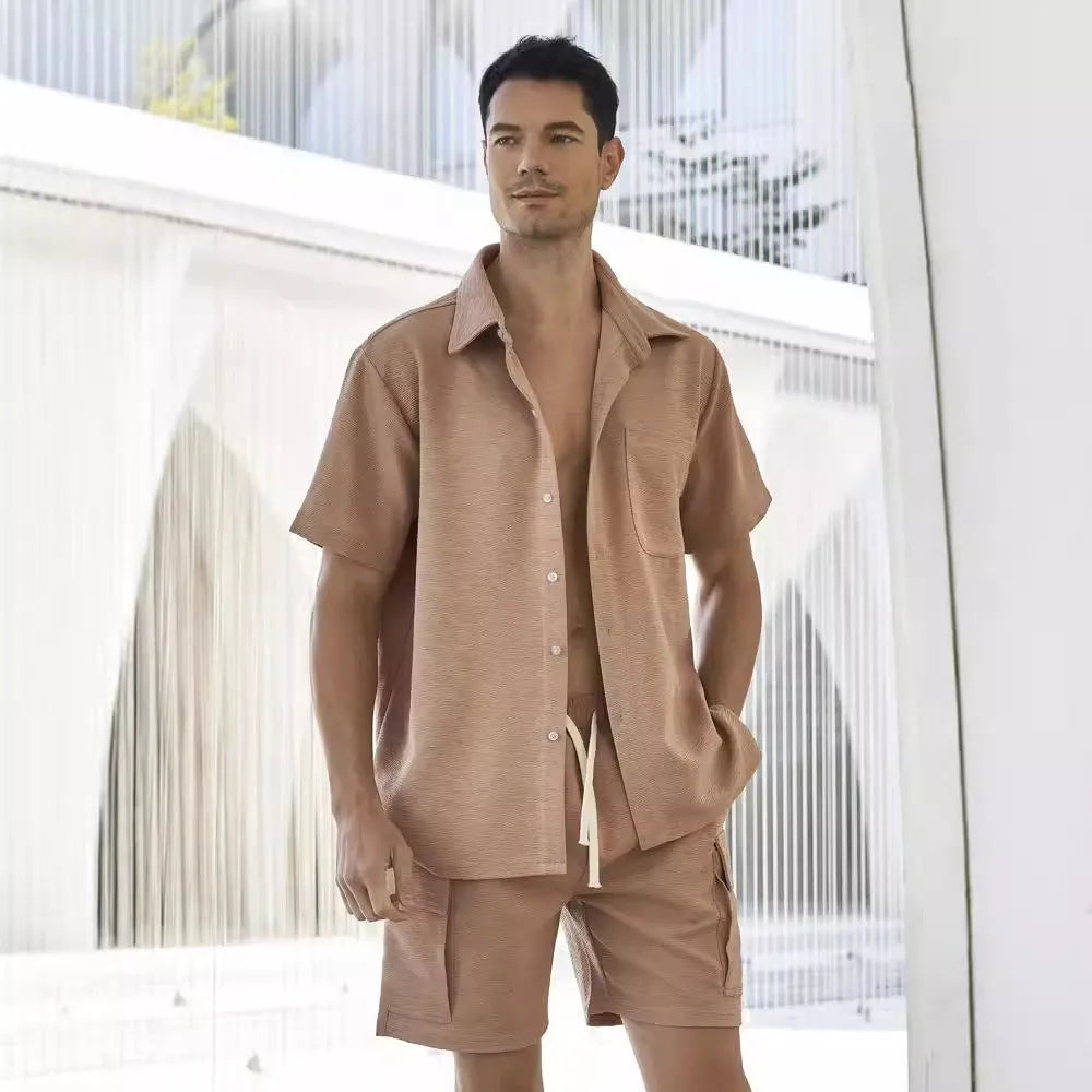 Polyester elastic waist shorts two-piece set in beige colour showing short sleeve top and shorts
