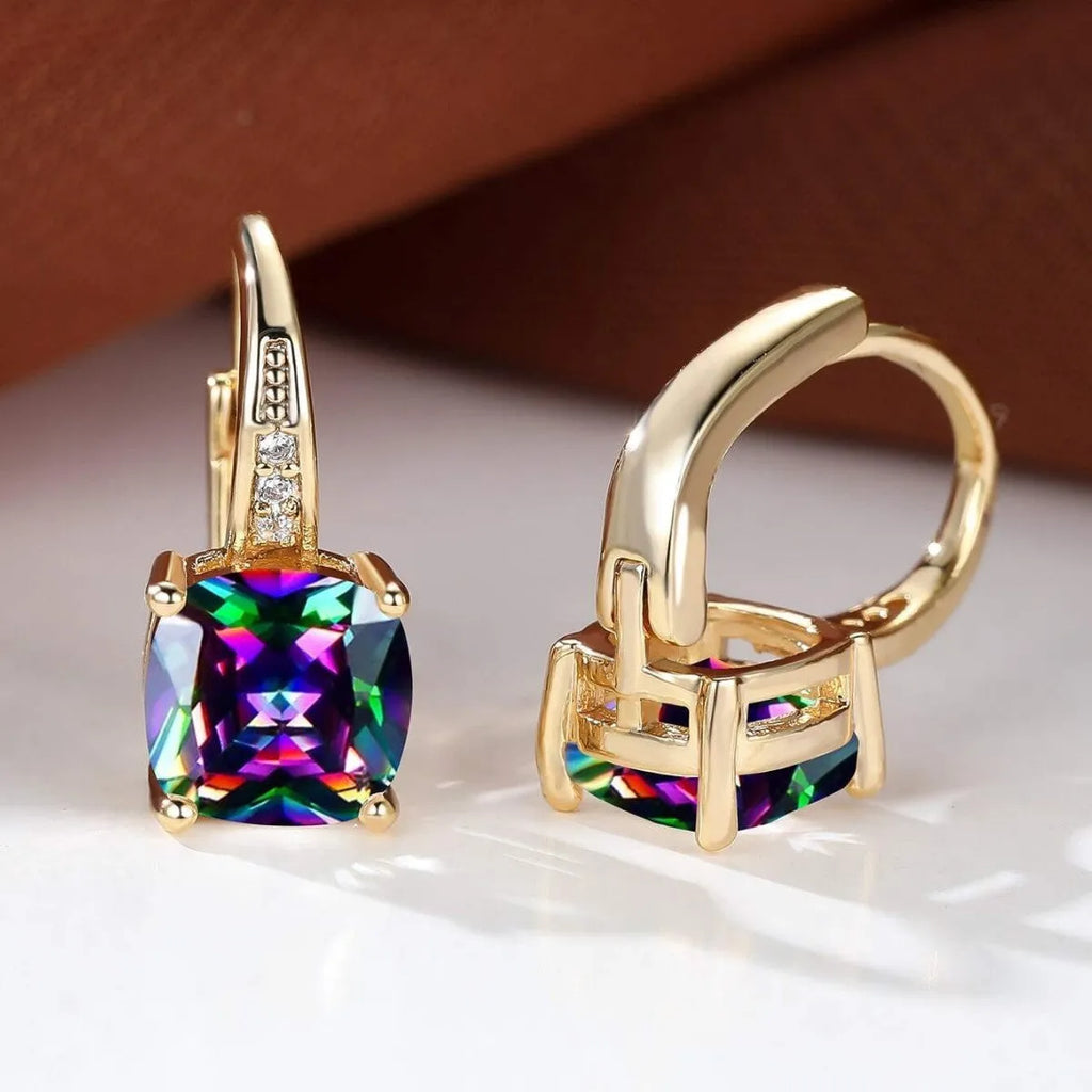 Square geometric ear clips with colourful moissanite stone inlays and gold electroplated finish
