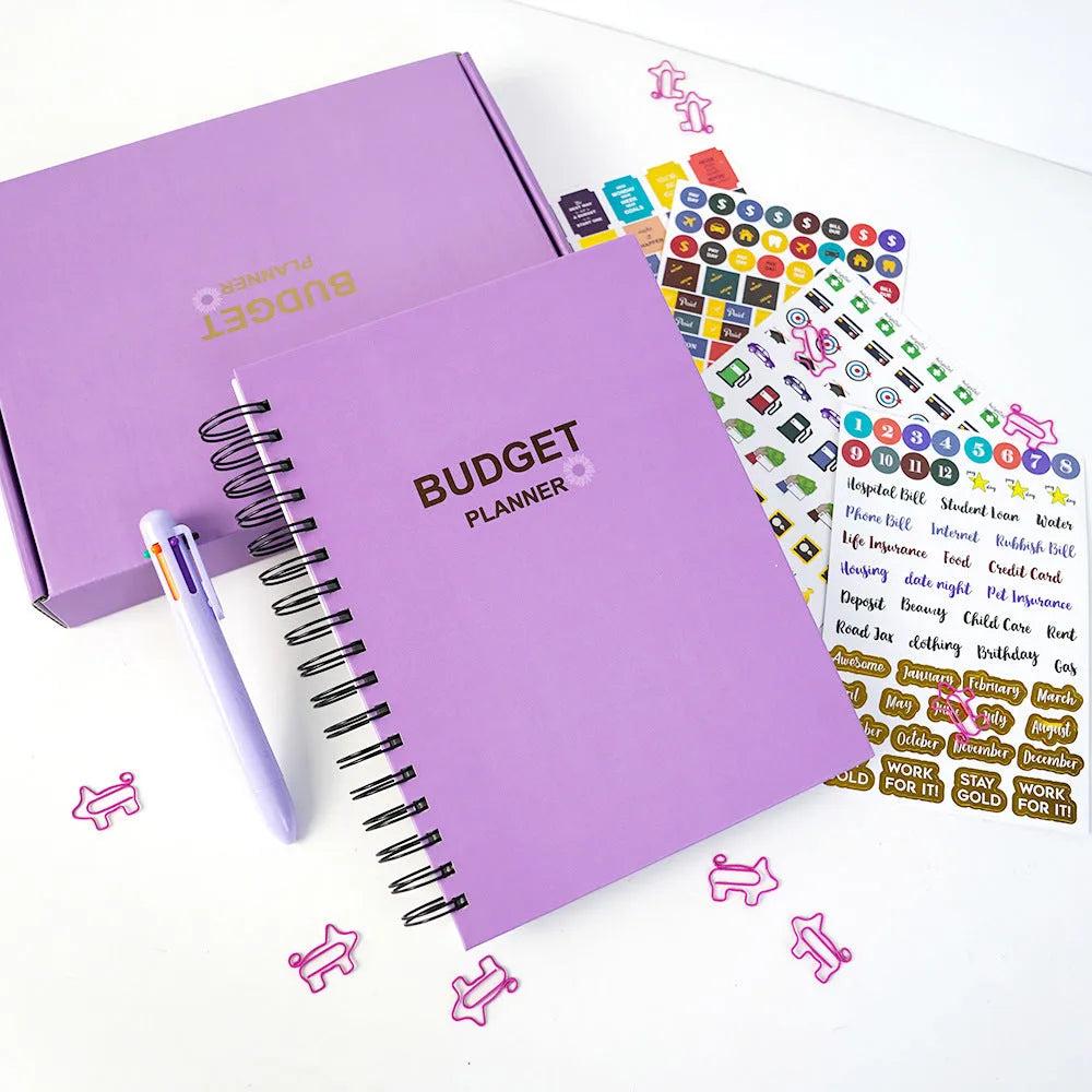 Purple coil-bound financial planning notebook with A4 dimensions for monthly budgeting