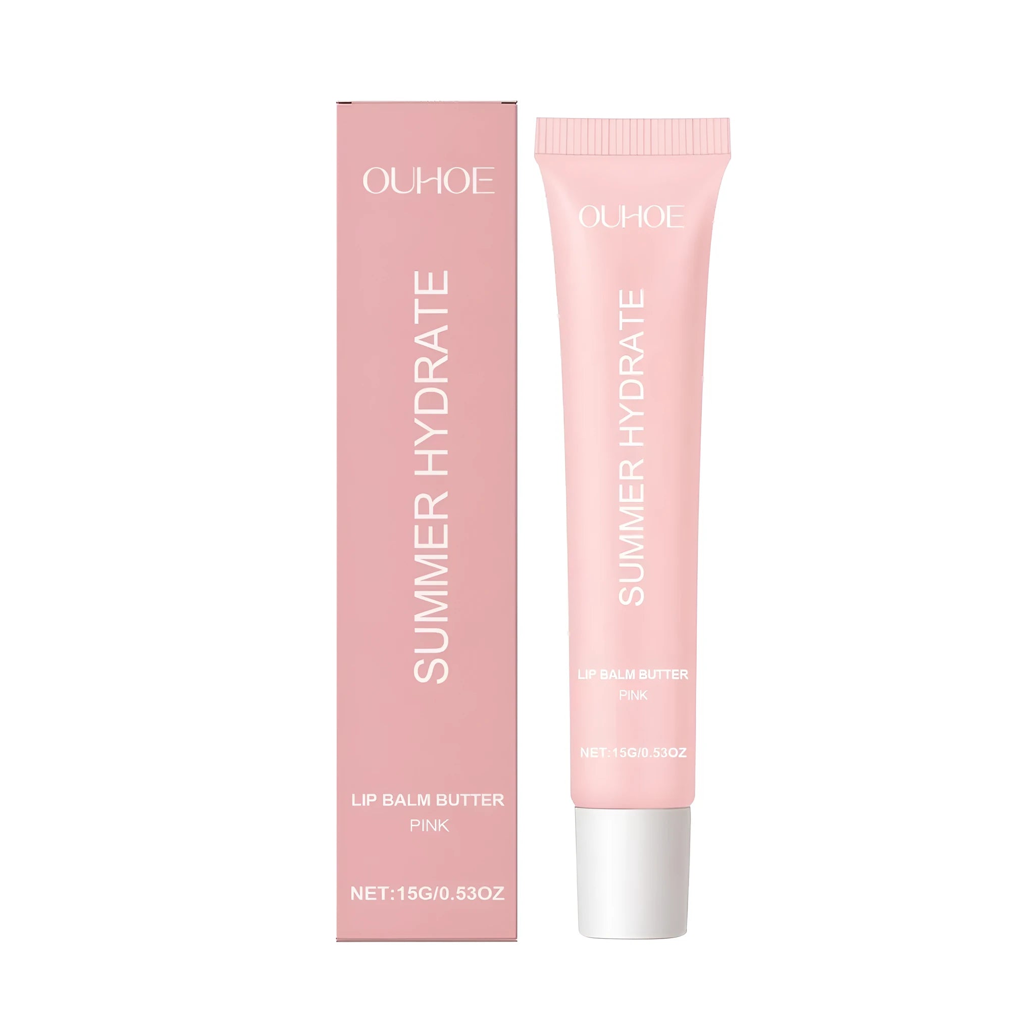A pink lip balm butter stick in a lipstick-type applicator for moisturising lip care