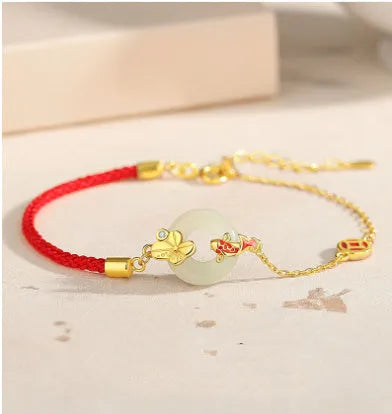 Women's gold electroplated 925 silver koi fish peace buckle bracelet with adjustable red rope