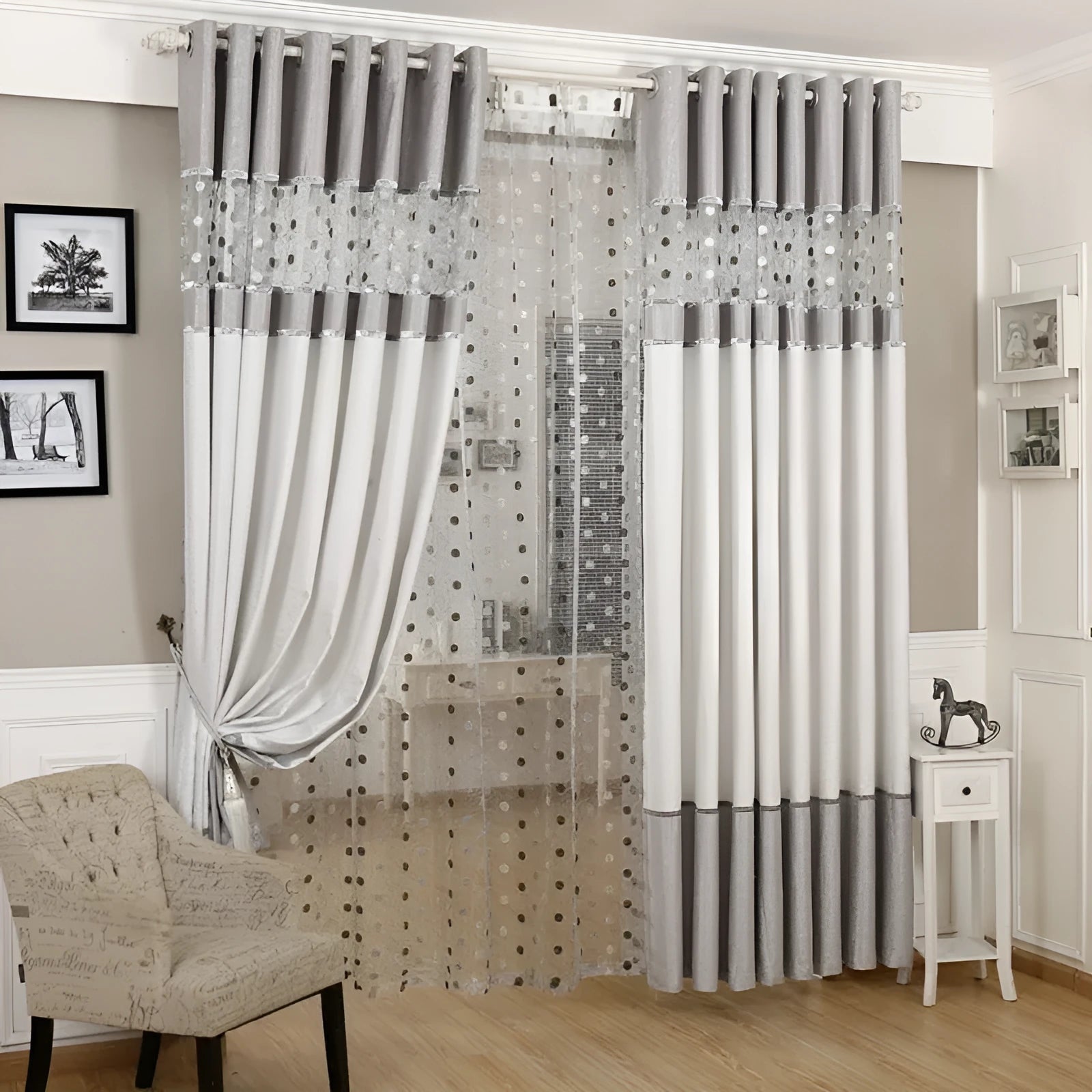 Blackout curtain panel showing multiple width options and different hanging styles including hooks and rings