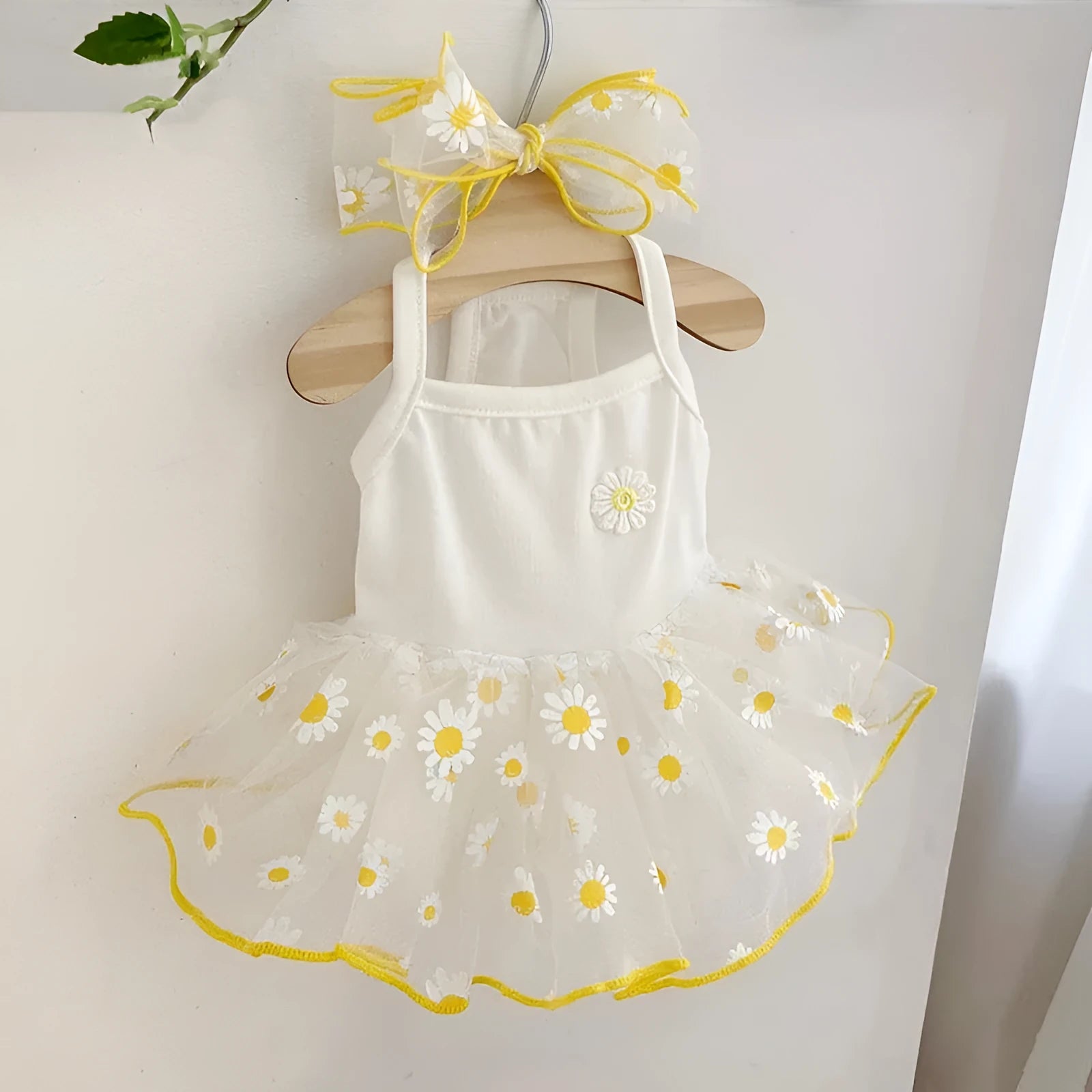 Yellow little daisy patterned dog summer clothes in thin polyester fabric