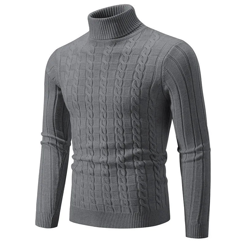 Men's slim-fit twist turtleneck pullover jumper in chenille fabric on a hanger.