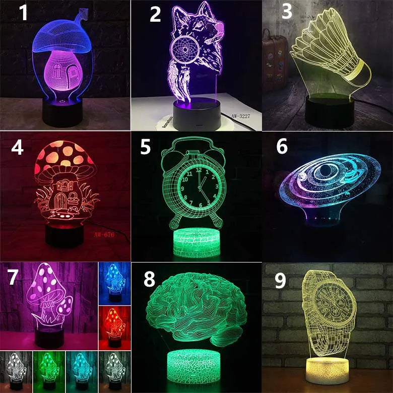 3D colourful LED desk lamp with remote control and USB power cable