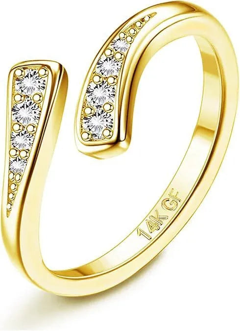 Geometric alloy toe ring with real gold plating in rhinestone and water drop styles