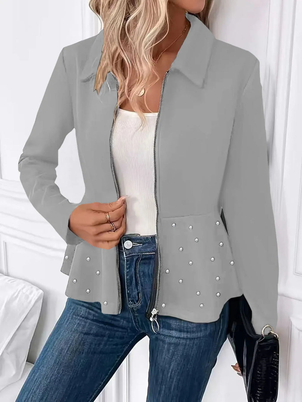 Women's loose fit coat with beaded heavy-duty zipper and ruffled hem in spandex fabric