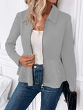 Women's loose fit coat with beaded heavy-duty zipper and ruffled hem in spandex fabric