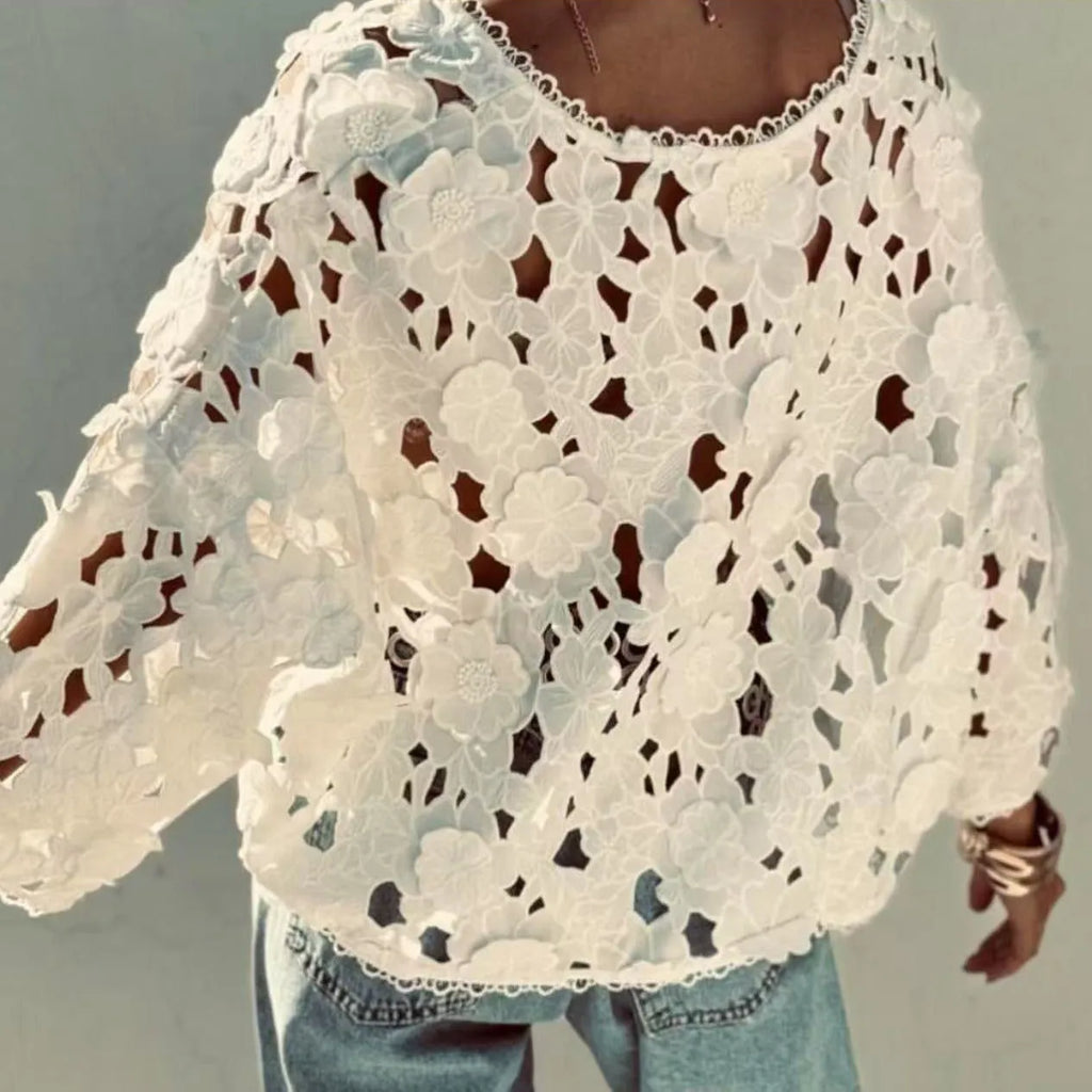 Women's loose-fit lace cardigan with V-neck and three-dimensional floral decoration in black