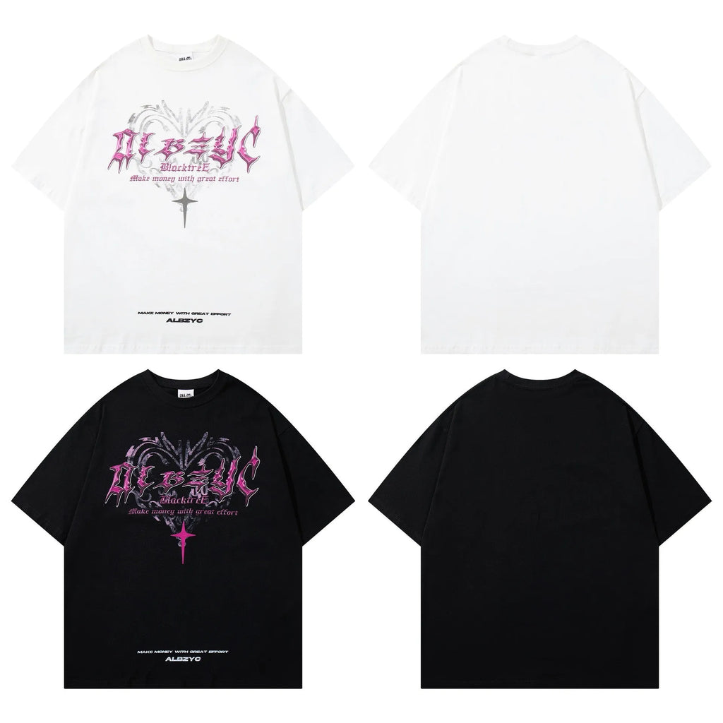 A man's black retro printed cotton T-shirt with short sleeves and a loose fit.