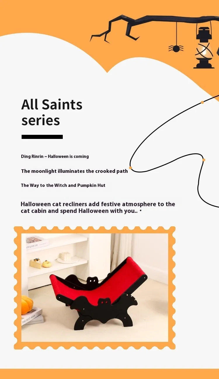 Wooden cat recliner lounge chair with black and red Halloween colour scheme