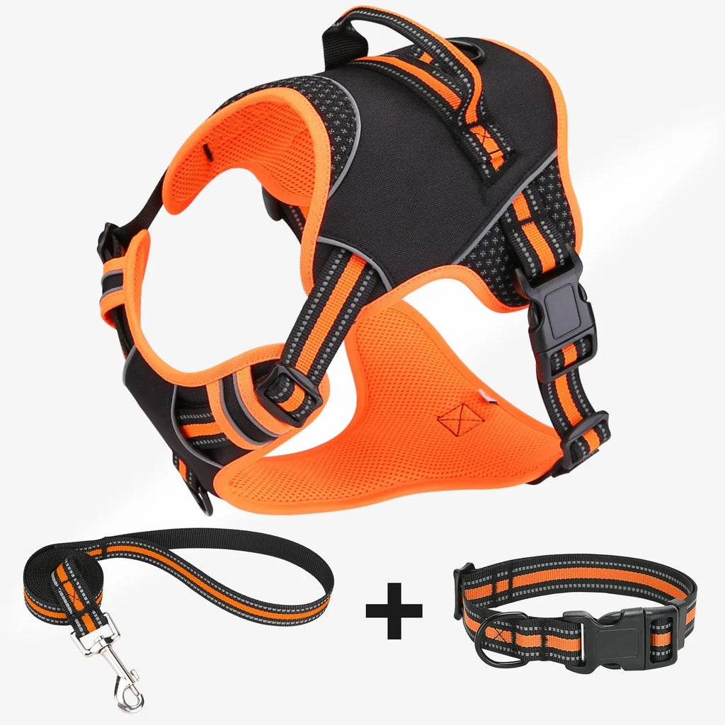 Yellow and orange dog harness and leash set with anti-breaking traction strap for outdoor training
