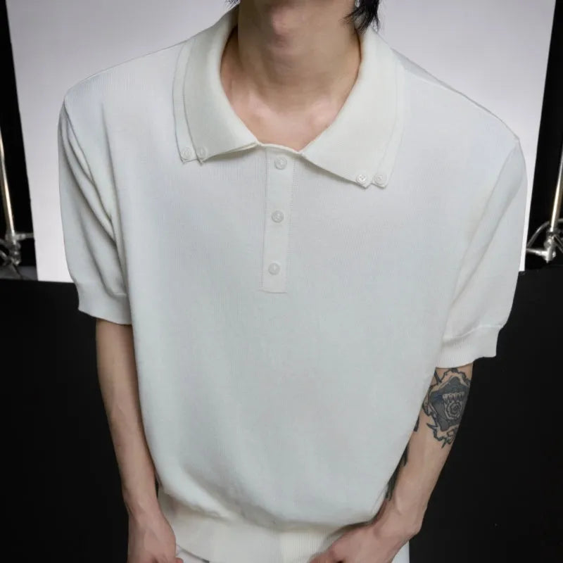 Men's double collar polyester short sleeve shirt in black with loose fit and fastener decoration