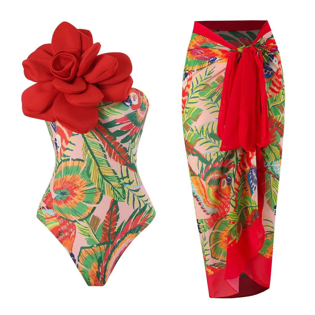 Women's fairy print one-piece swimsuit with attached gauze skirt in blue colour option