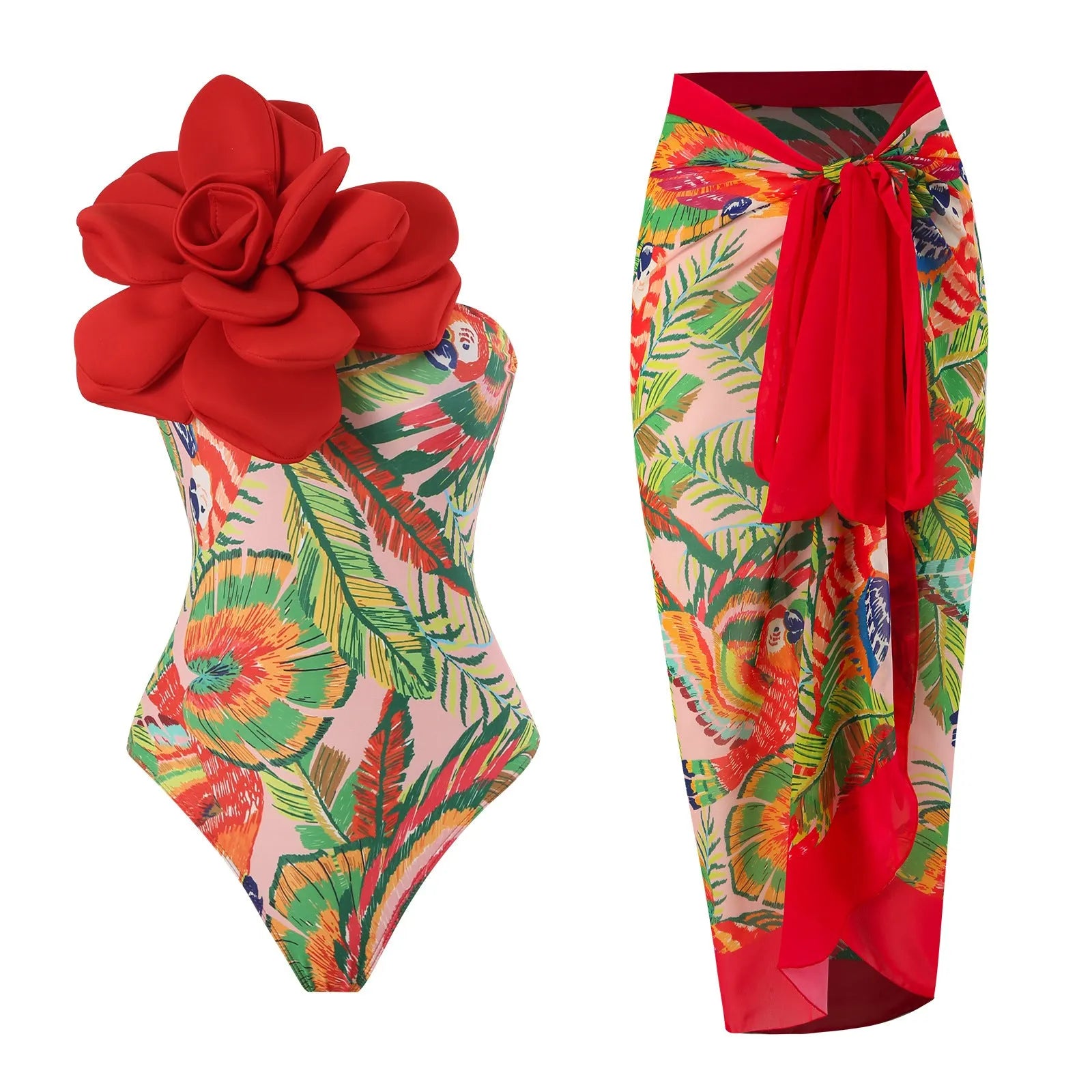 Women's fairy print one-piece swimsuit with attached gauze skirt in blue colour option