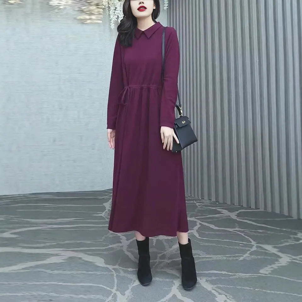 Purplish red plus size women's dress with long sleeves and long skirt for autumn winter wear