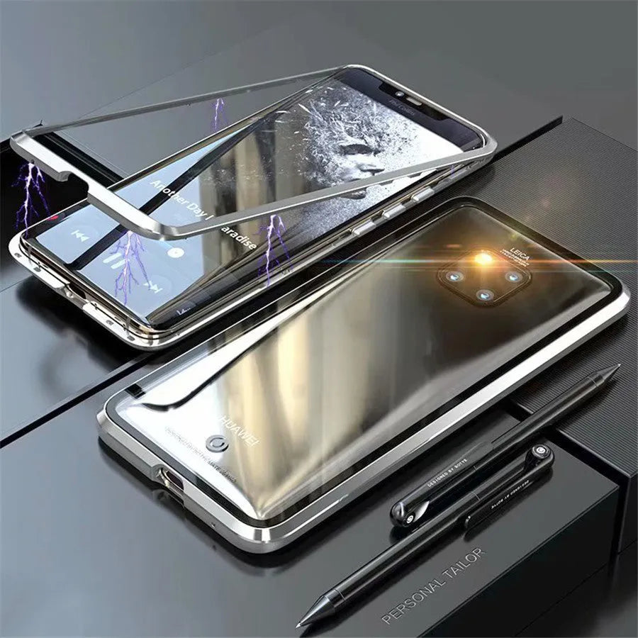 Black magnetic phone case with metal frame and clear tempered glass back for Huawei phone.