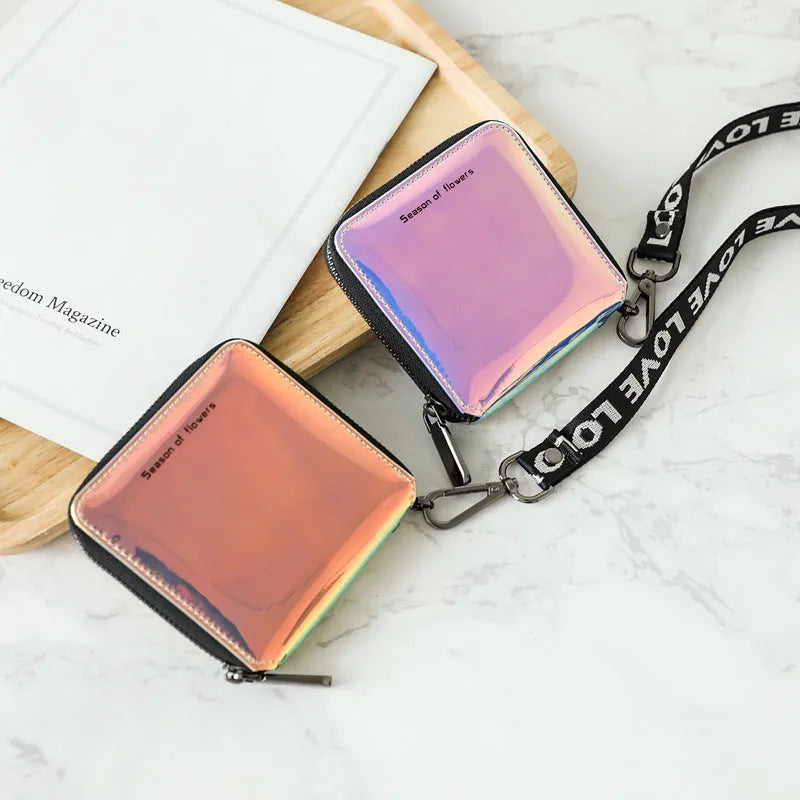 Women's short folding wallet in glitter, blue, or green measuring 11cm square with 2.5cm thickness