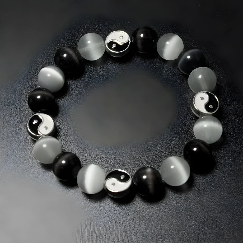 Natural stone Tai Chi bracelet with 10mm opal and black agate beads, polished finish, unisex Chinese style design