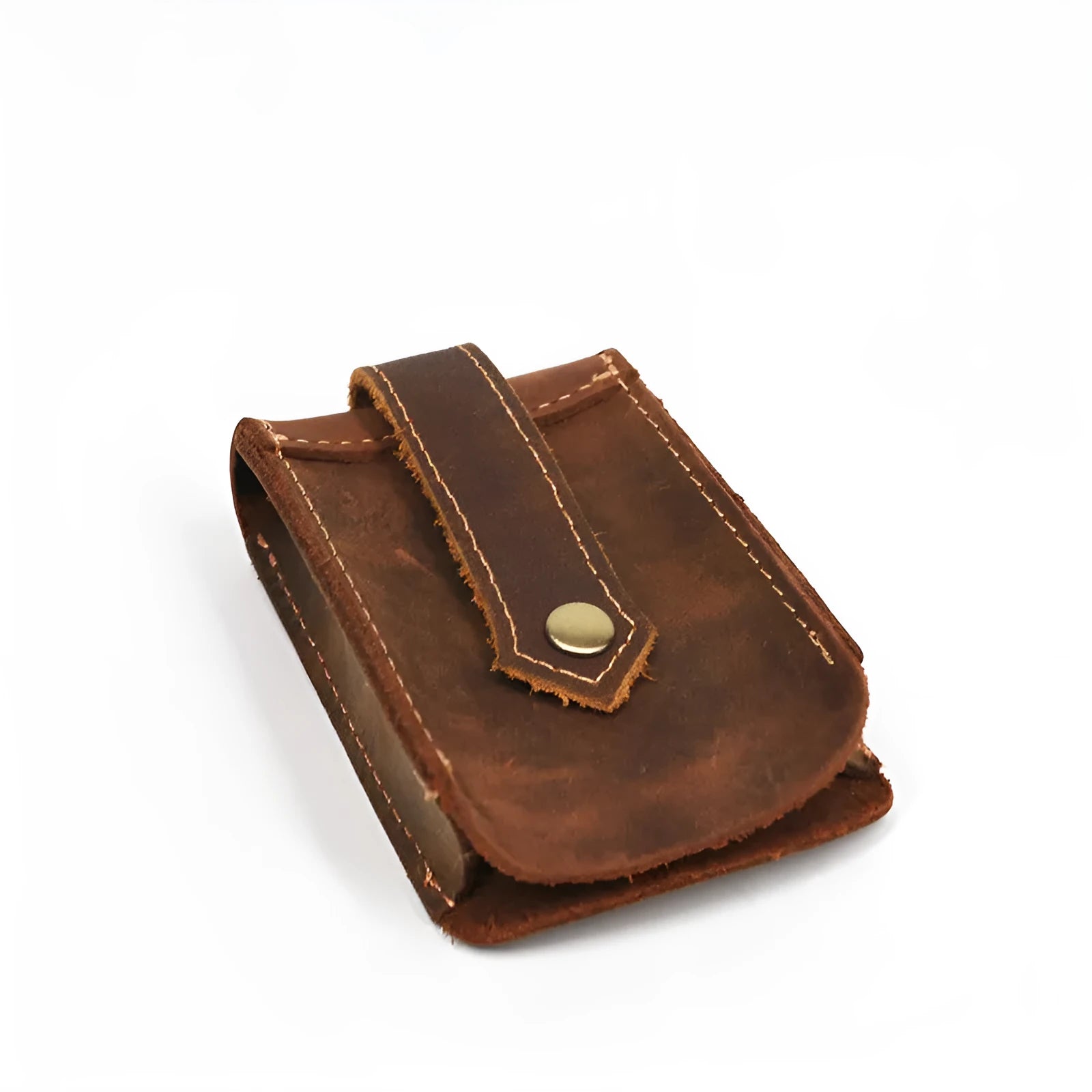 Crazy horse leather key case in dark brown, 7cm by 11.5cm, resting on a surface