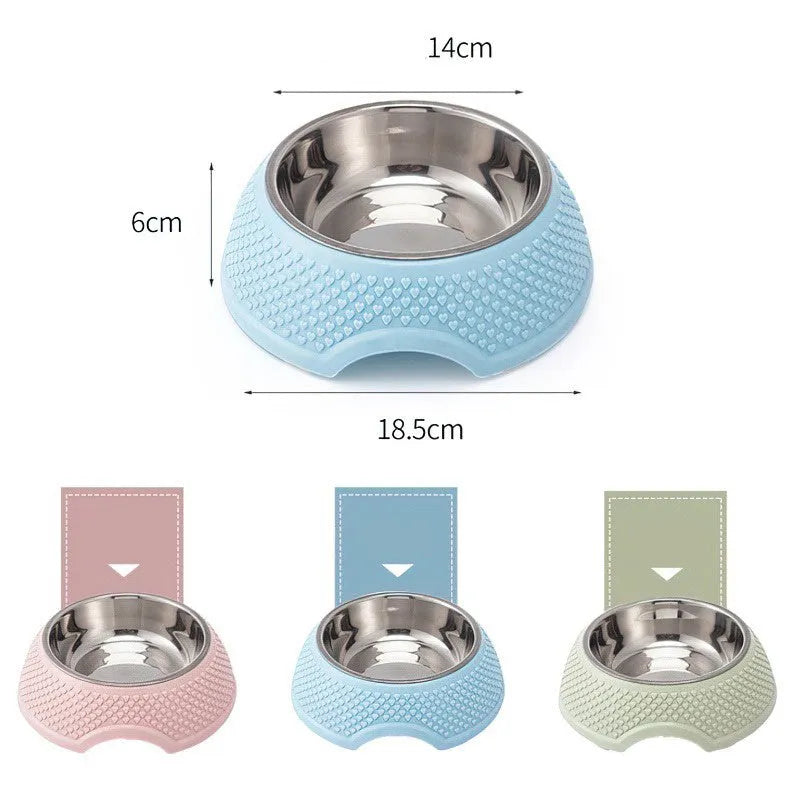 Stainless steel pet bowl with non-slip base in blue, green, and pink colour options