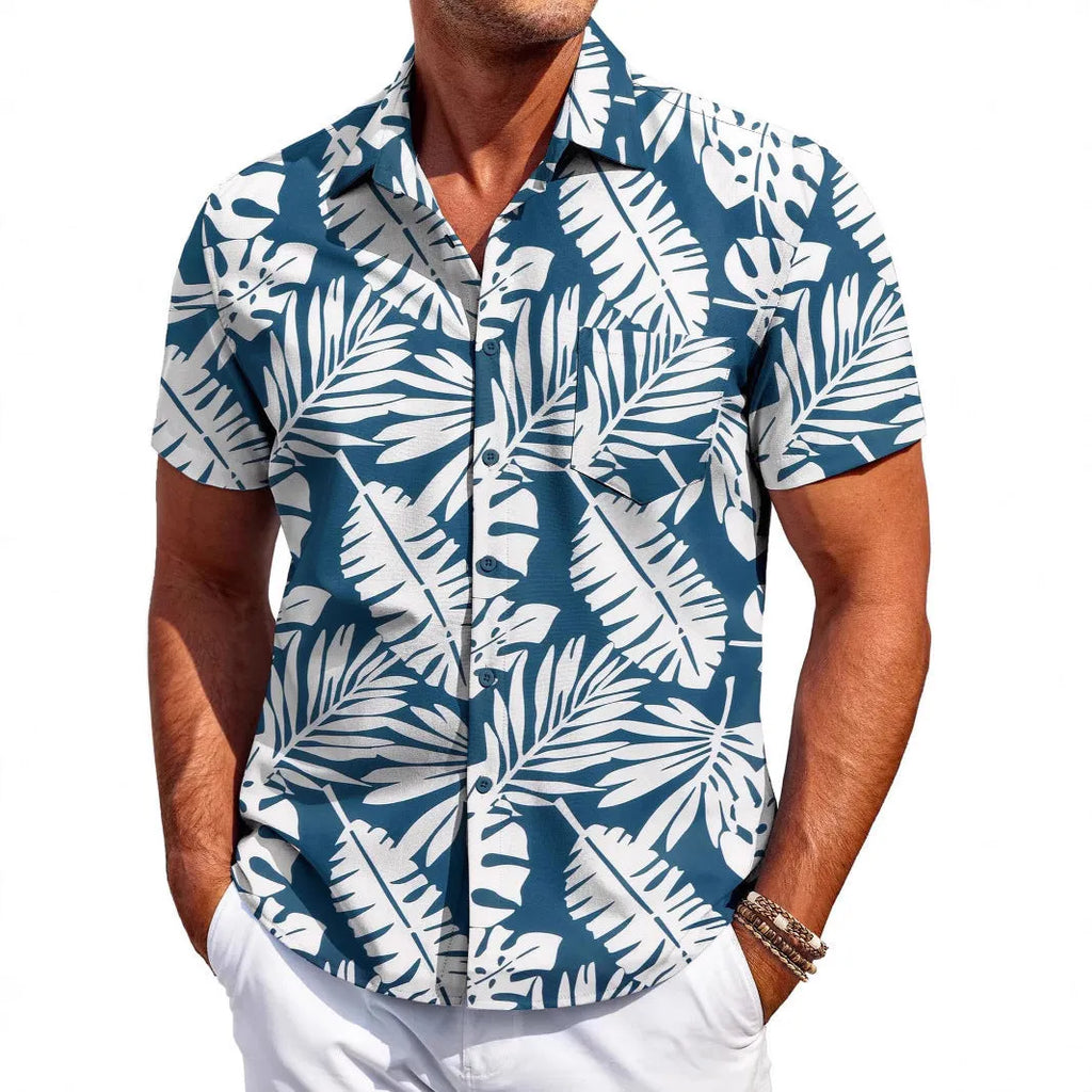Man wearing a slim fit short sleeve Hawaiian shirt in a cardigan style with a bold pattern.
