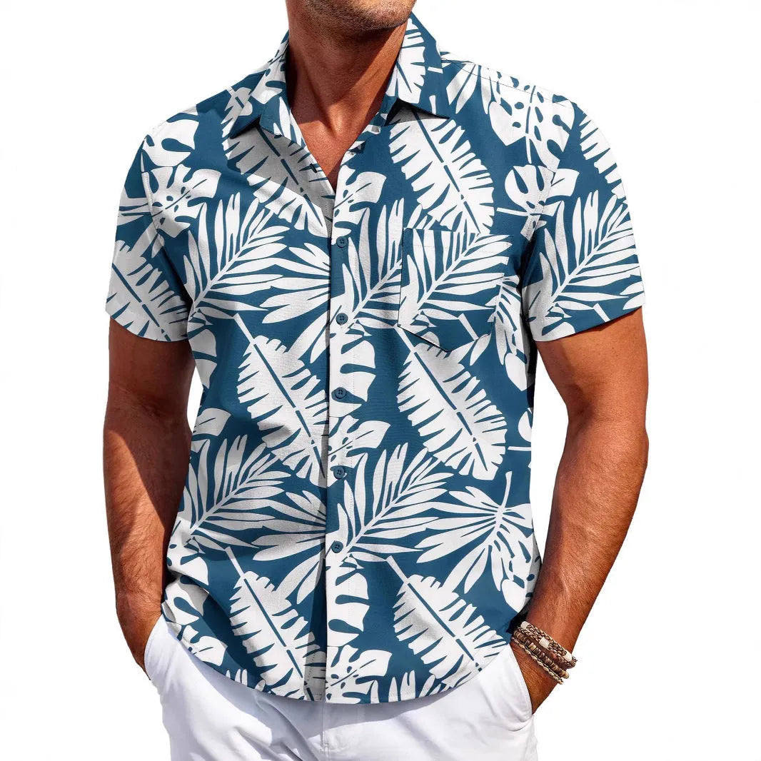 Man wearing a slim fit short sleeve Hawaiian shirt in a cardigan style with a bold pattern.