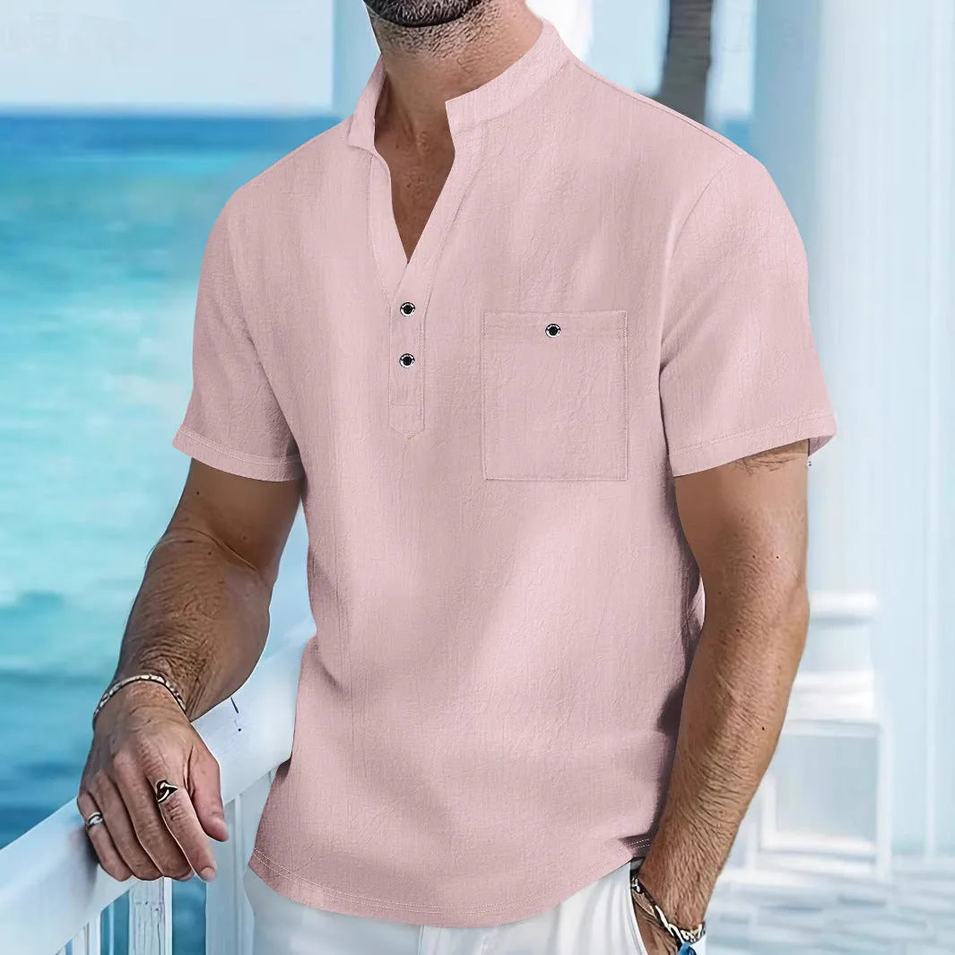 Men's linen stand collar t-shirt in light blue colour showing loose fit short sleeve design