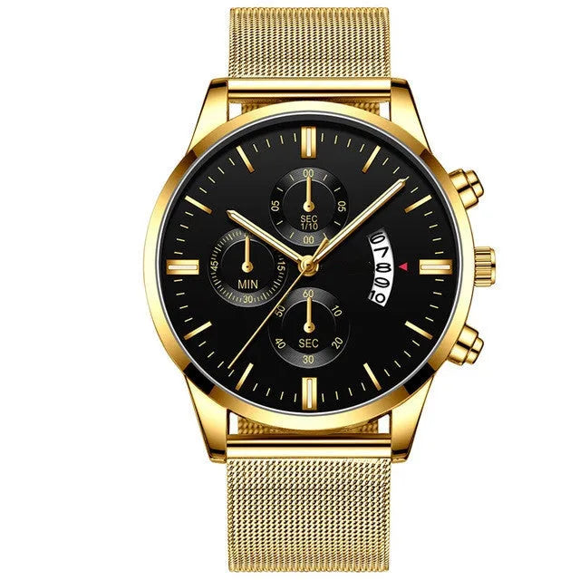 Mens stainless steel mesh band quartz watch with 4.2cm case and decorative sub-dial