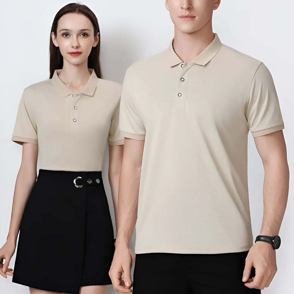 White ice silk short sleeve polo shirt with a logo, laid flat, showing its pullover design.